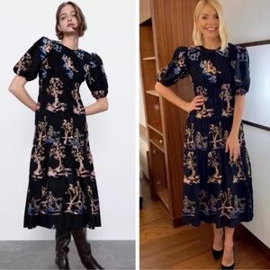 Zara Smocked Midi Dress Black Embroidered Puff Sleeve Excellent Size XXL